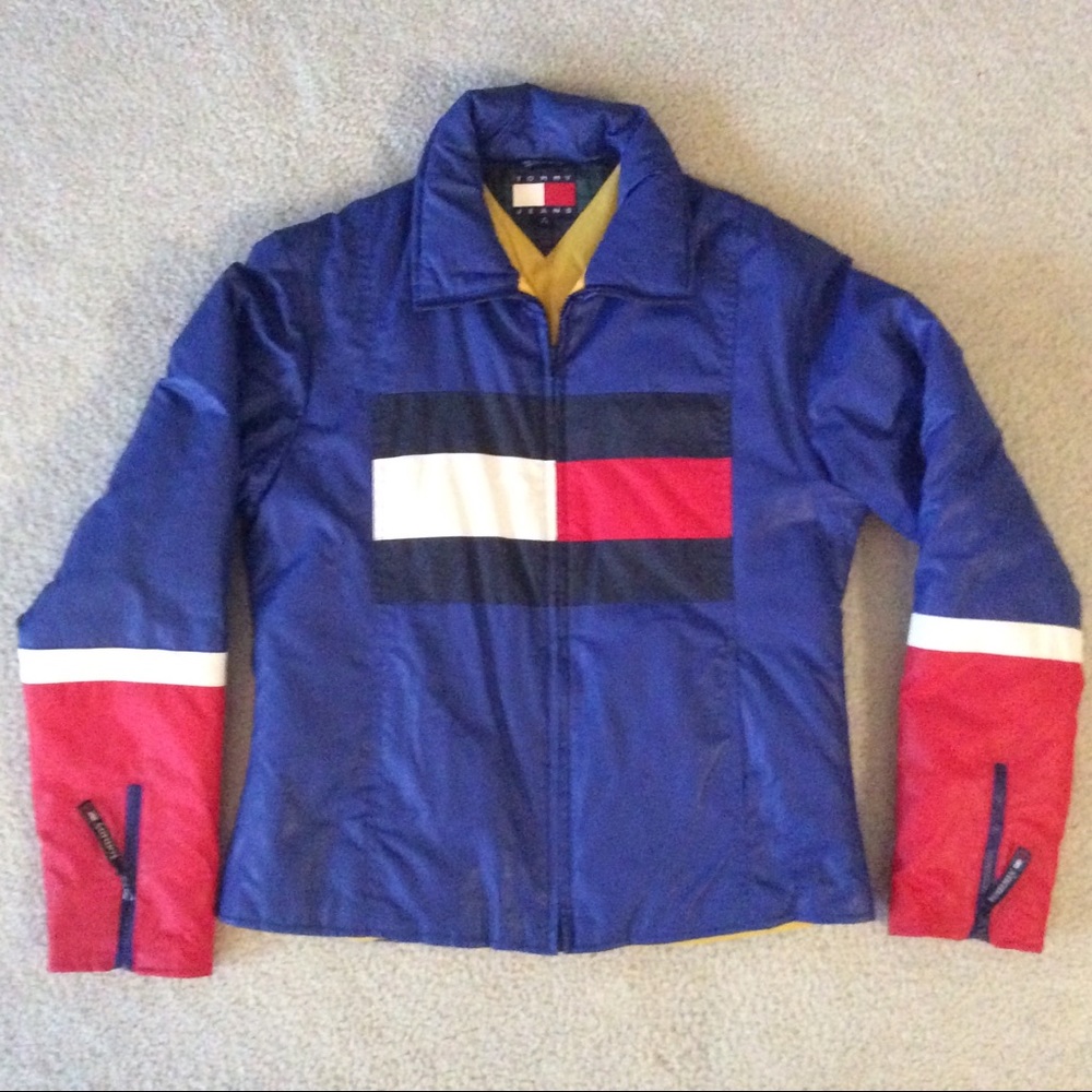 90s Tommy Hilfiger Jeans Jacket Big Logo M Blue
